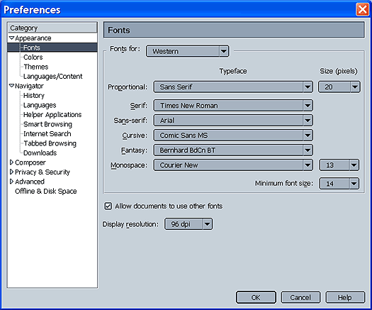 Netscape Navigators Preferences dialog box